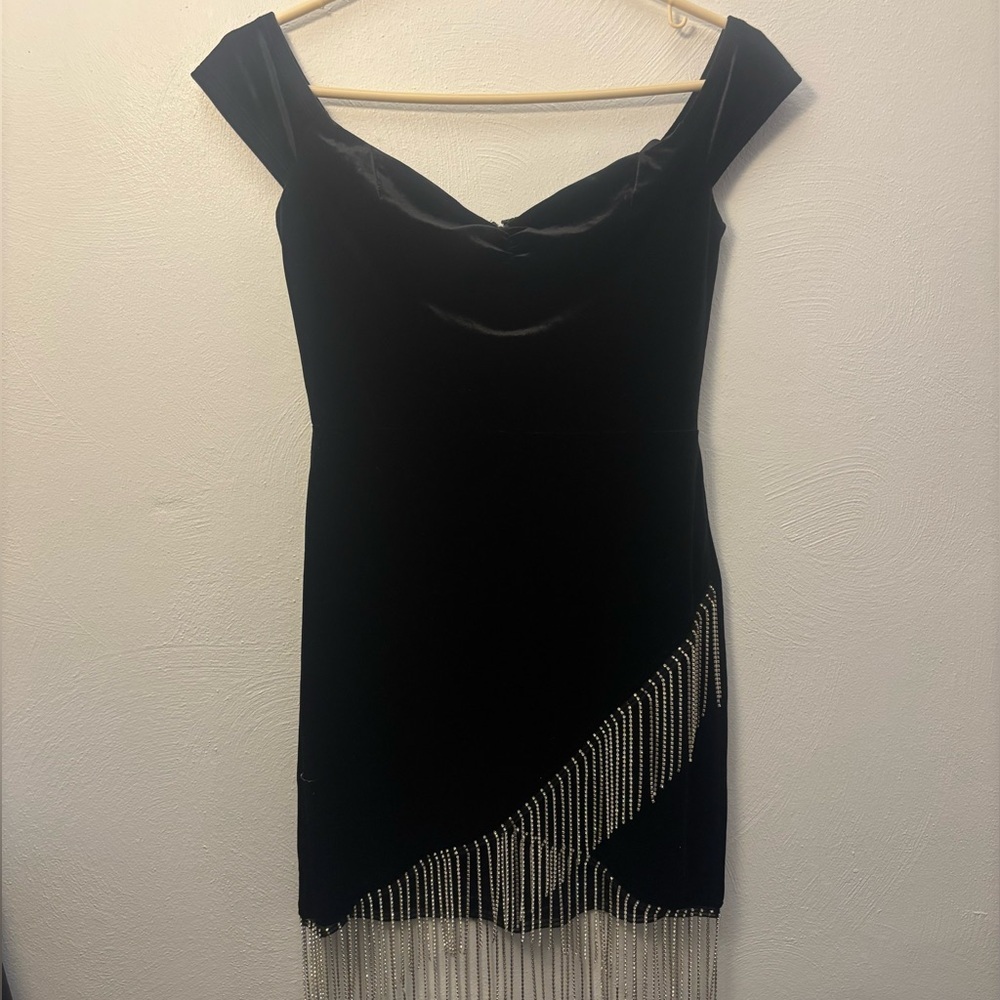 Windsor Black Velvet Mini Dress with Sparkly Fringe Size Medium